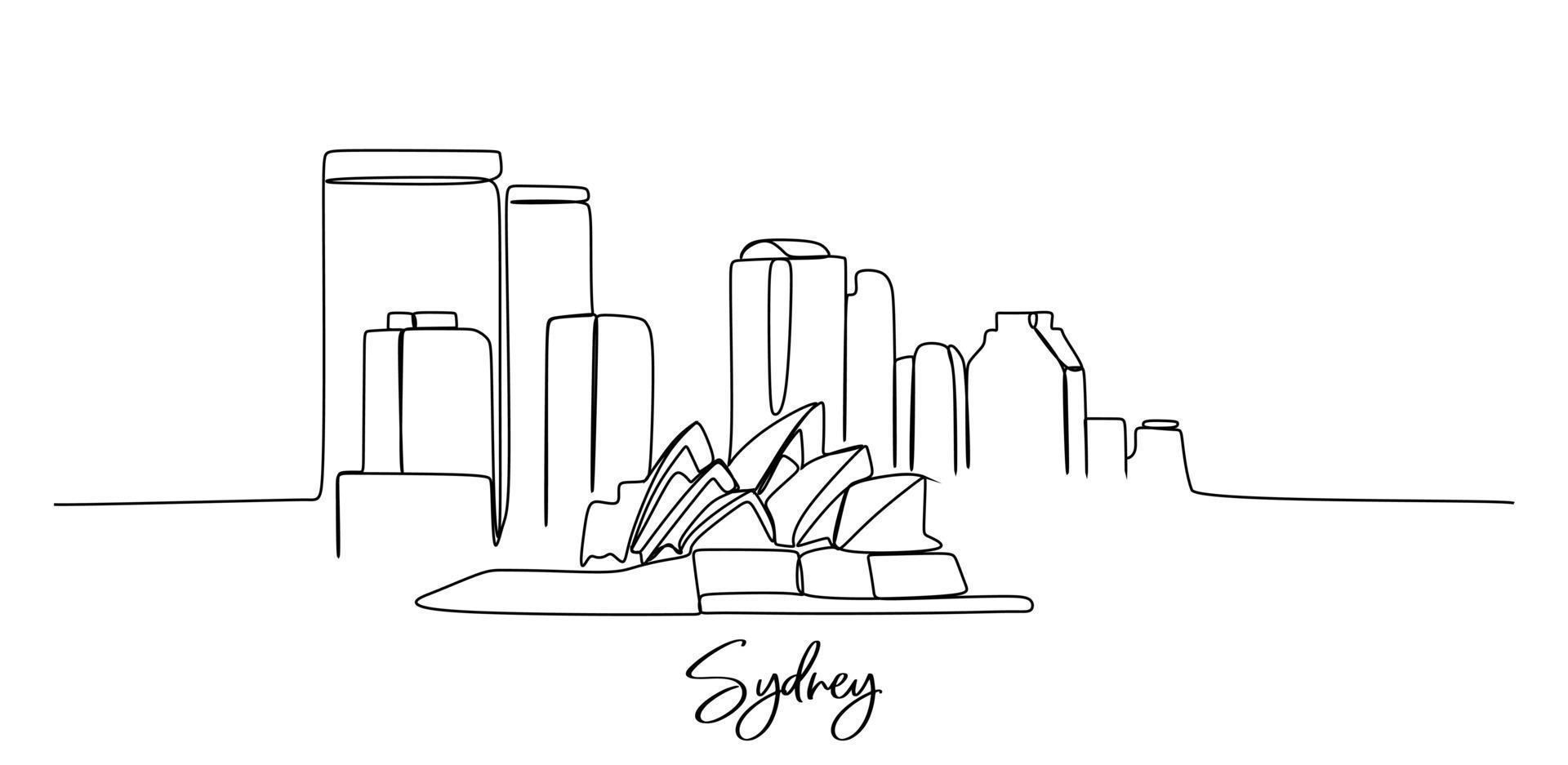 Single continuous line drawing of Sydney city skyline, Australia. Famous city scraper landscape. World travel concept home art wall decor poster print. Modern one line draw design vector illustration