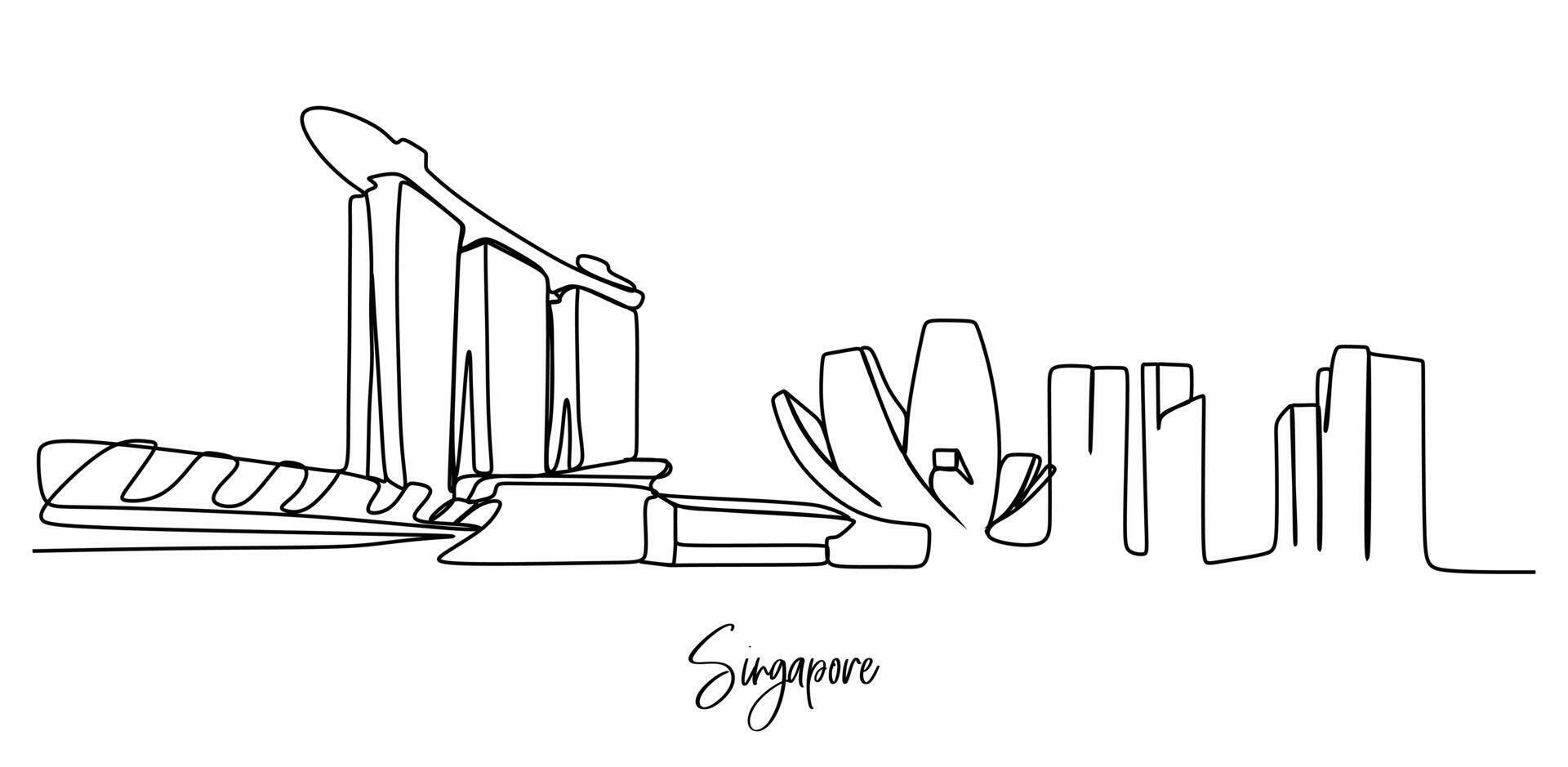 Single continuous line drawing of Singapore city skyline. Famous city scraper and landscape. World travel concept home decor wall print poster art. Modern one line draw design vector illustration