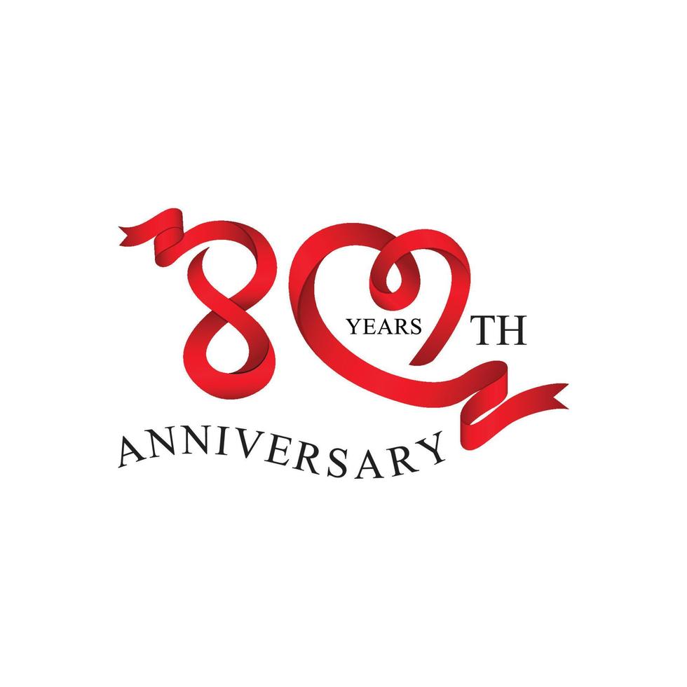 80th anniversary red ribbon heart vector