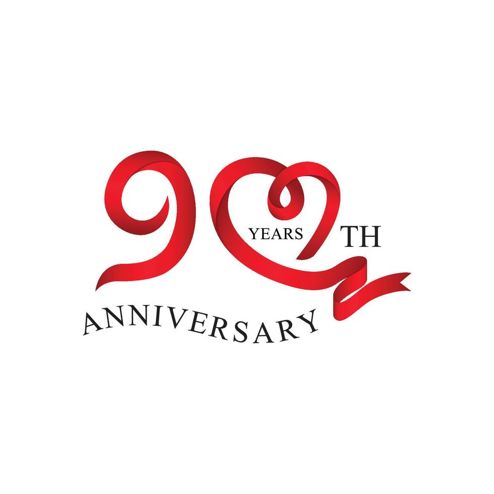 90th anniversary red ribbon heart vector