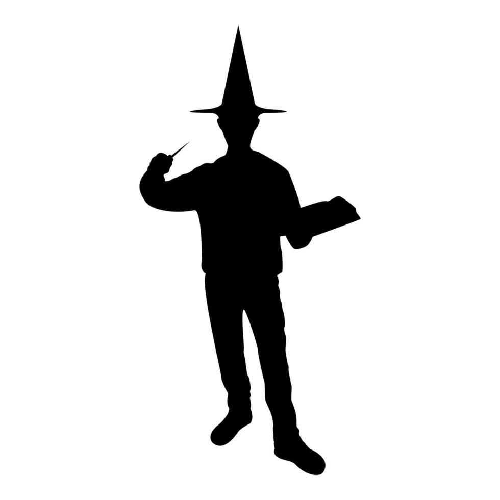 Silhouette wizard holds magic wand trick book vector