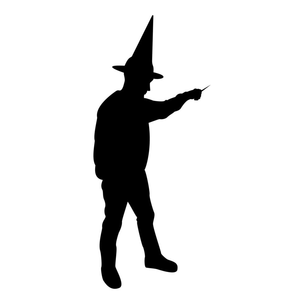 Silhouette wizard holds magic wand trick waving vector