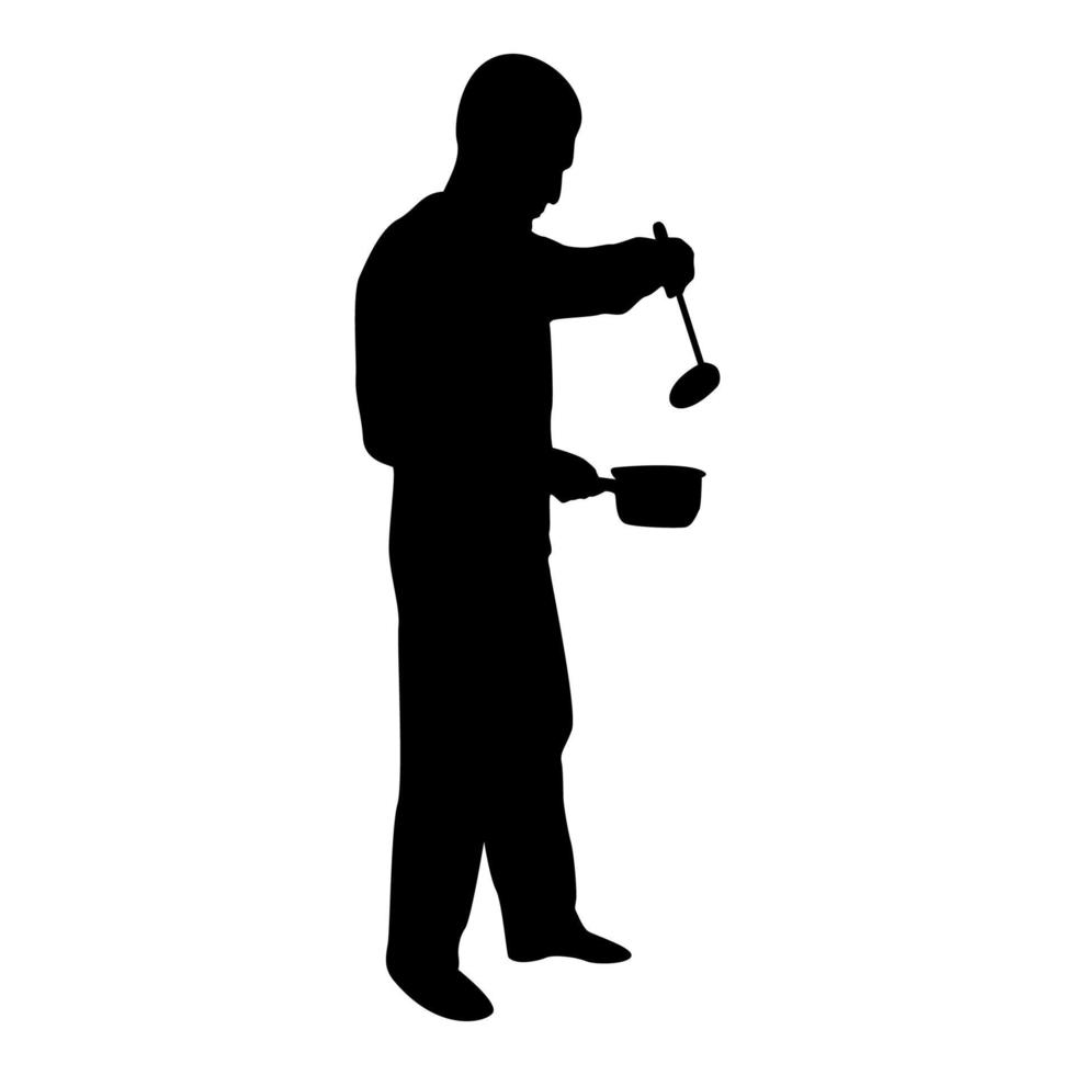 Silhouette man with saucepan scoop ladle kitchen vector