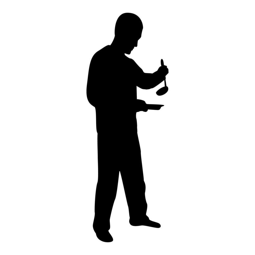 Silhouette man with saucepan scoop ladle kitchen vector