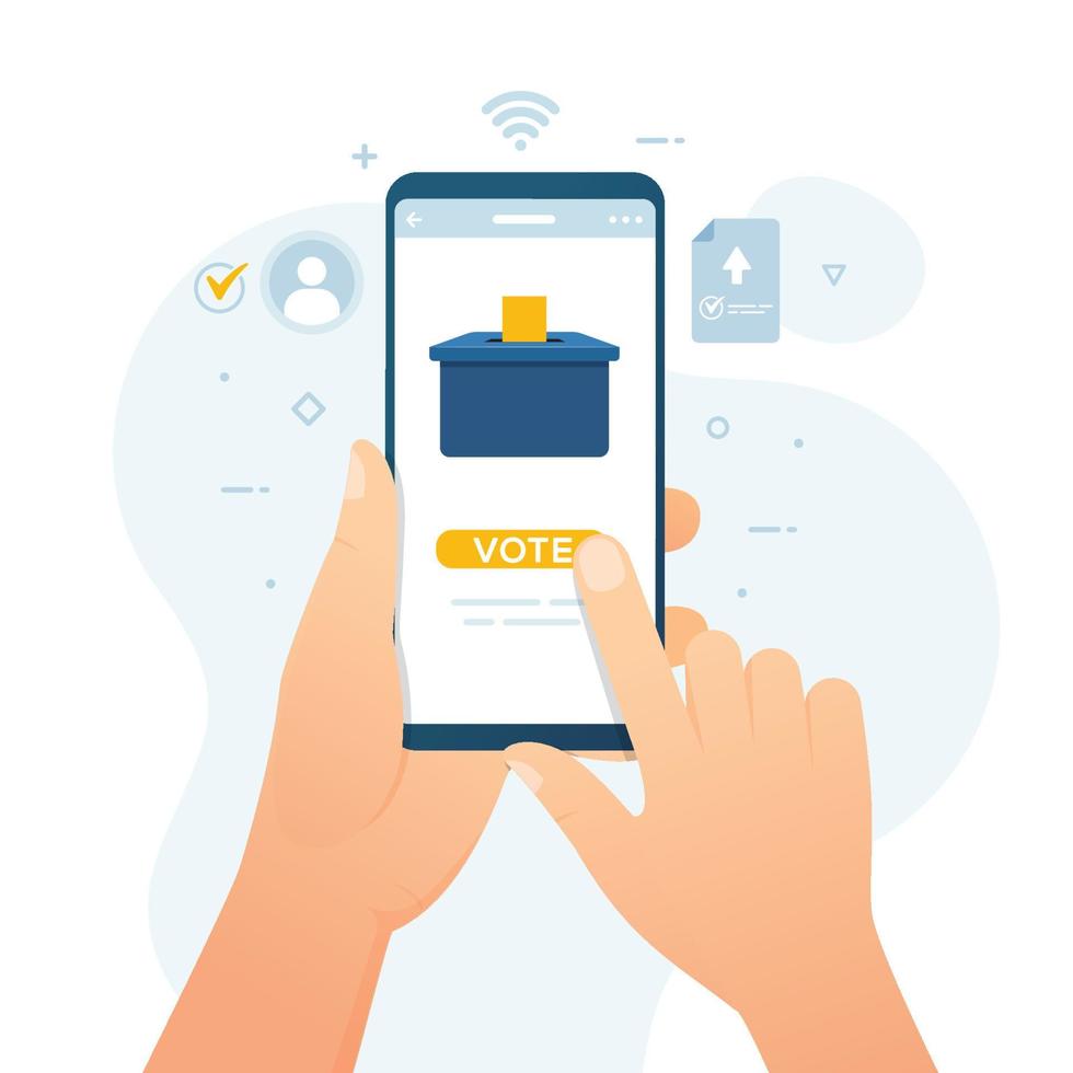 Hand holding smartphone with online voting system for election vector illustration