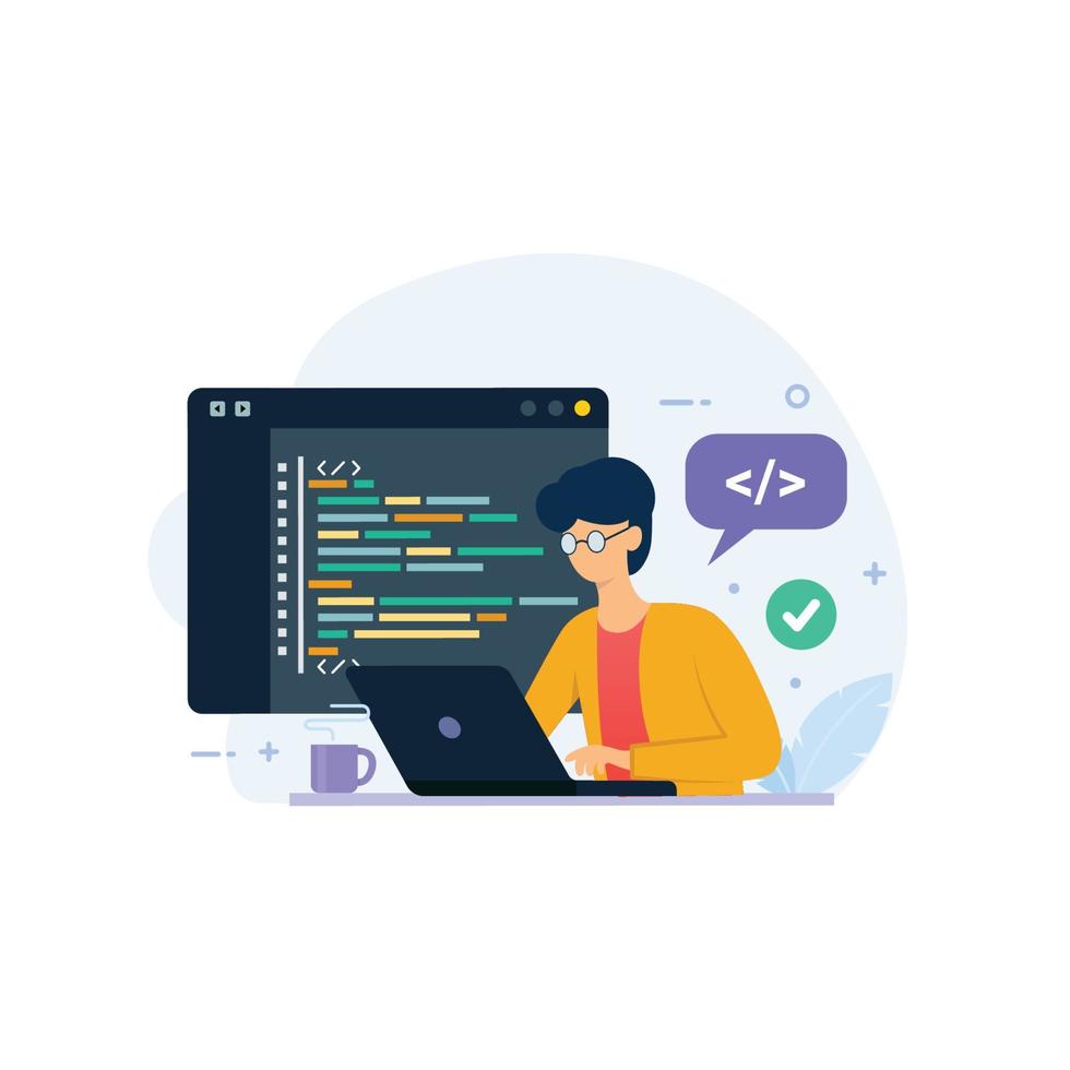 Programmer working on web and application development on computer vector