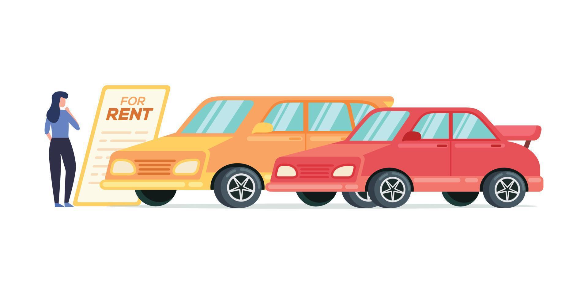 Woman is choosing a rental car vector illustration