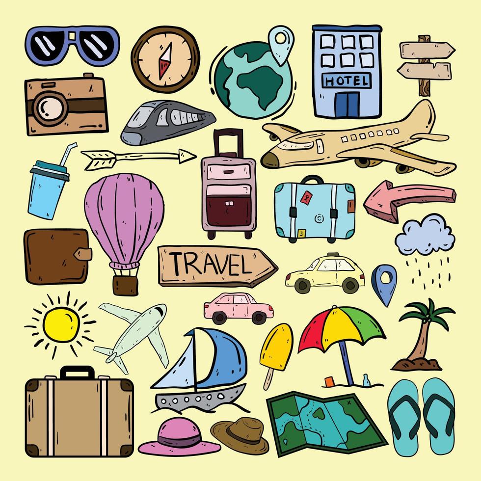 Set Of Travel Doodle colorful Elements Vector Illustration In Hand Drawn Style free vector