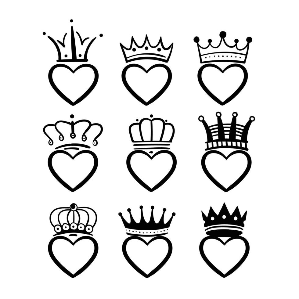 Hand drawn crowned hearts doodle, king and queen crown on heart, sketch love crowns Free Vector