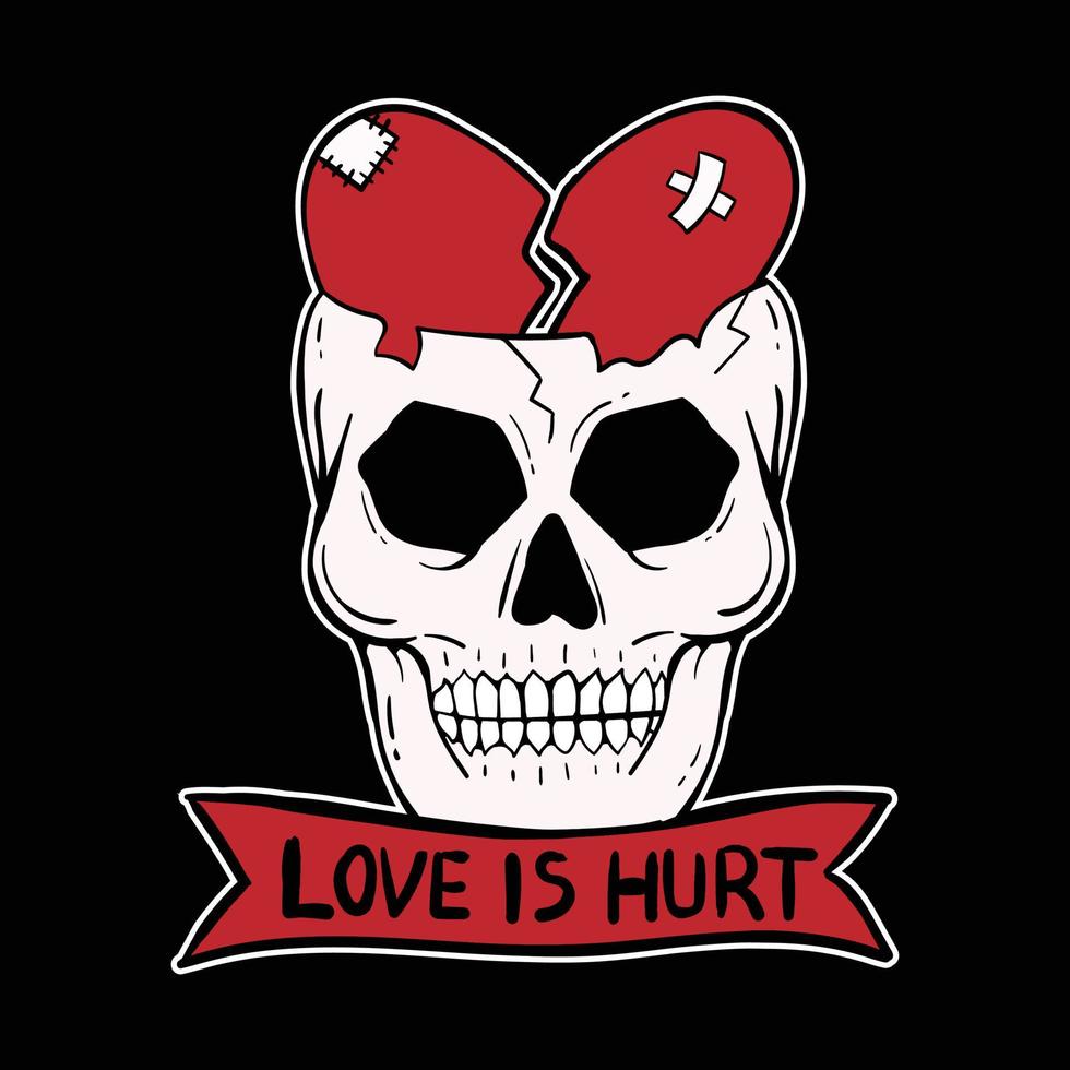 corazón de calavera dibujado a mano con palabras amor está herido, vector premium