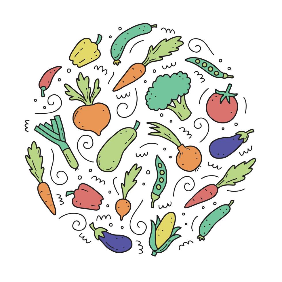 Hand drawn set of vegetables. Vector illustration of doodle skecth style.