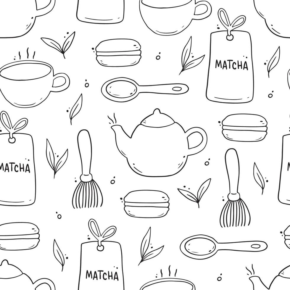 patrón sin fisuras de elementos de té matcha dibujados a mano. vector