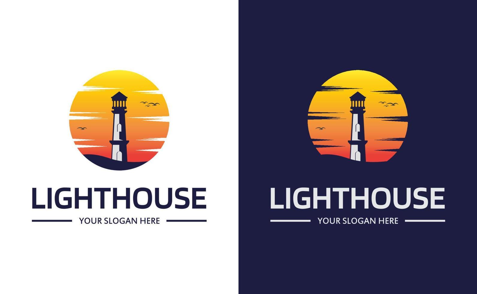 Illustration vector logo template of lighthouse with sunset background