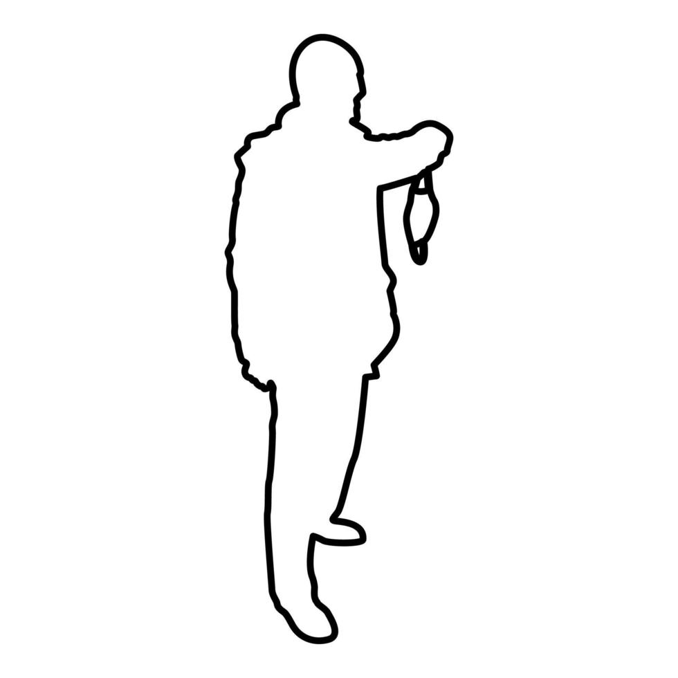 Man hold face medical mask in hand arm wearing vector