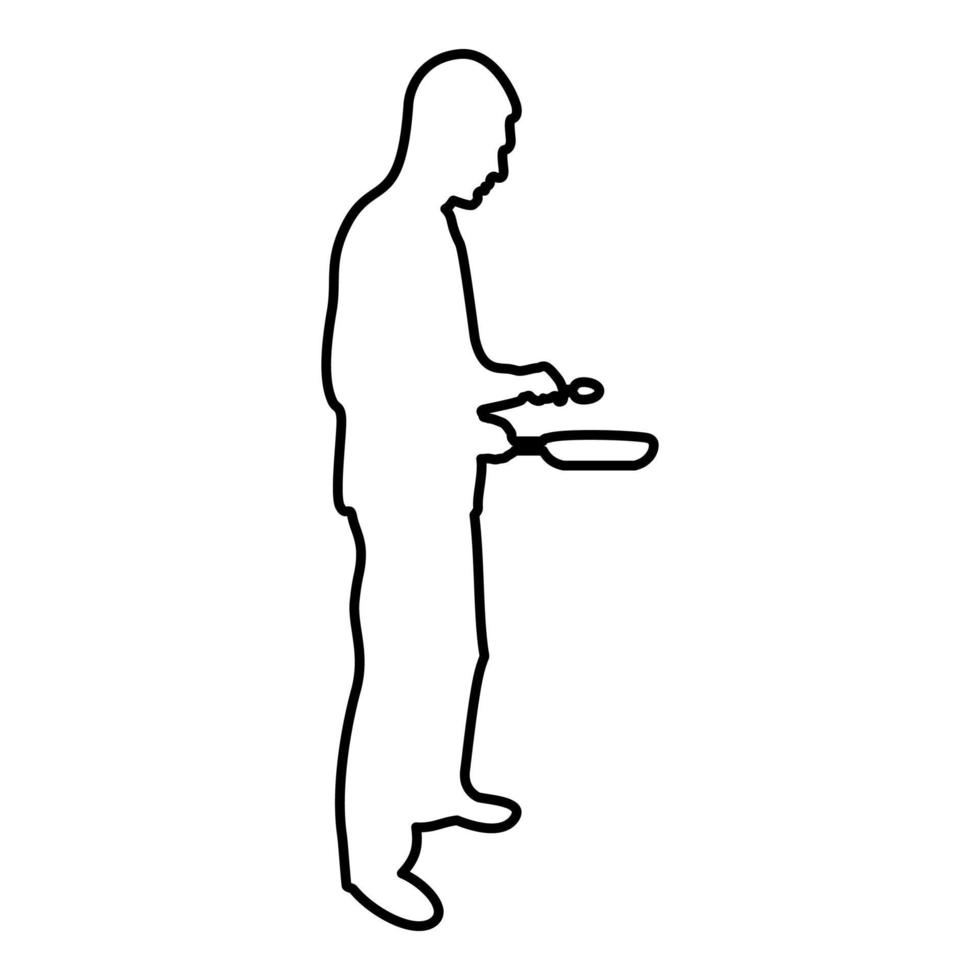 Man holds frying pan spoon Chef holding kitchen vector