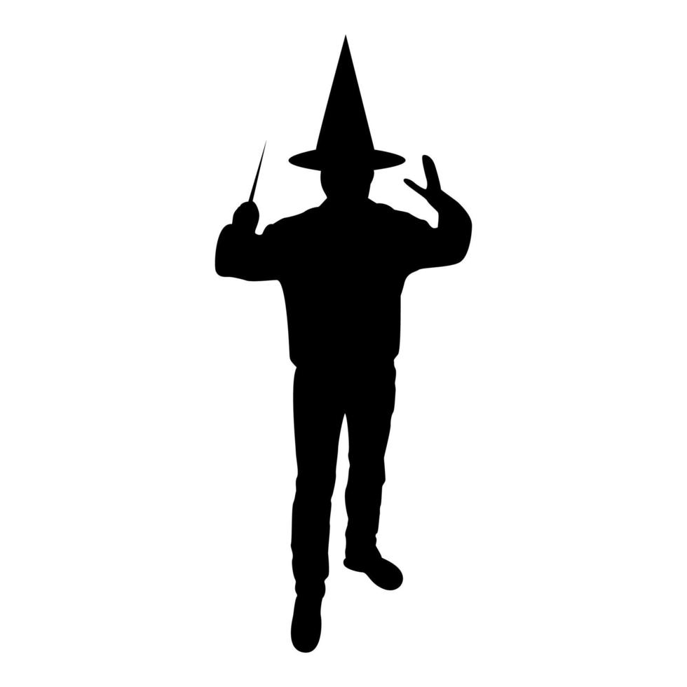 Silhouette wizard holds magic wand trick waving vector