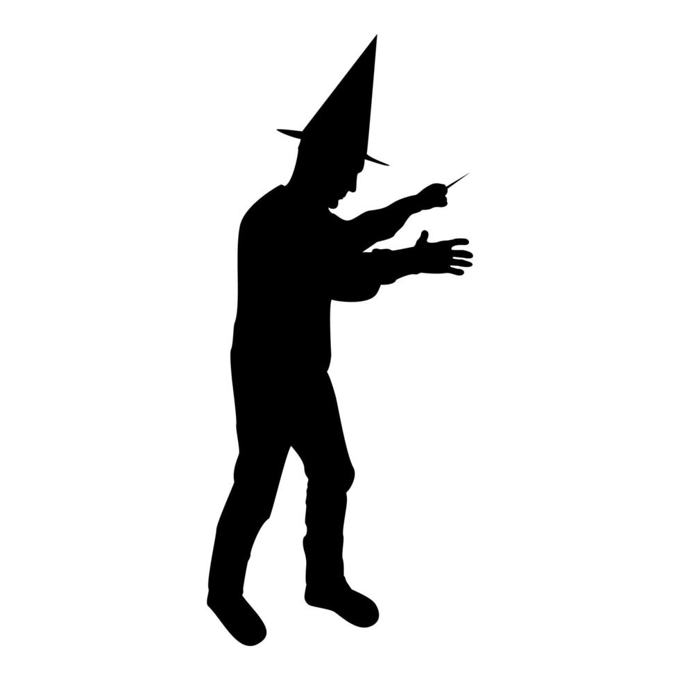 Silhouette wizard holds magic wand trick waving vector