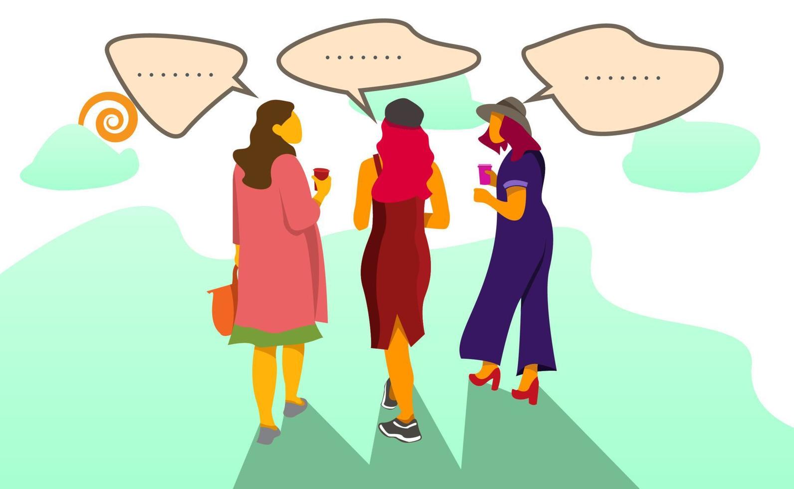 Illustration graphic vector of three women who were chatting while walking. Vector illustration