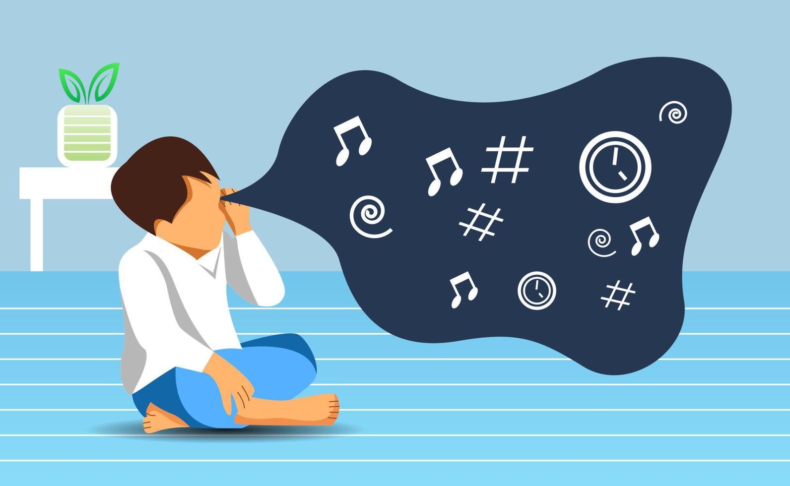 Illustration vector graphic of a kid who was sitting listening to something. Vector illustration