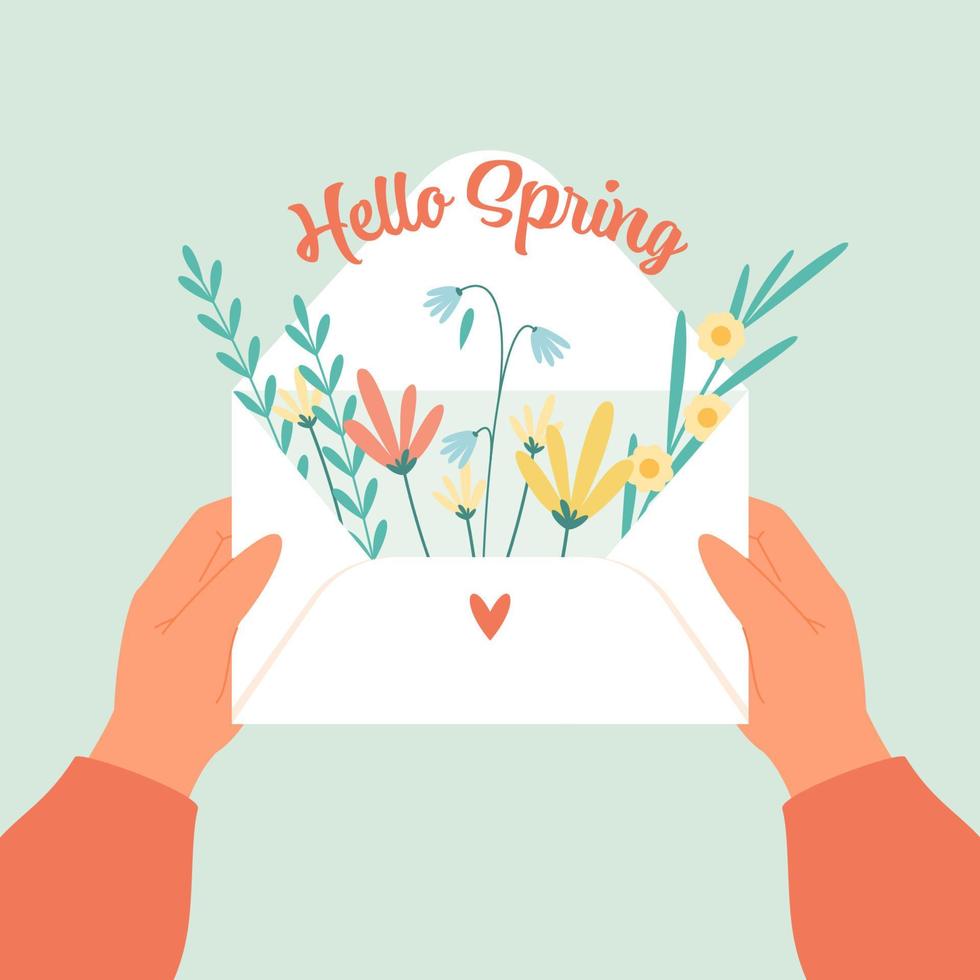 Female hands hold an open envelope and flowers vector