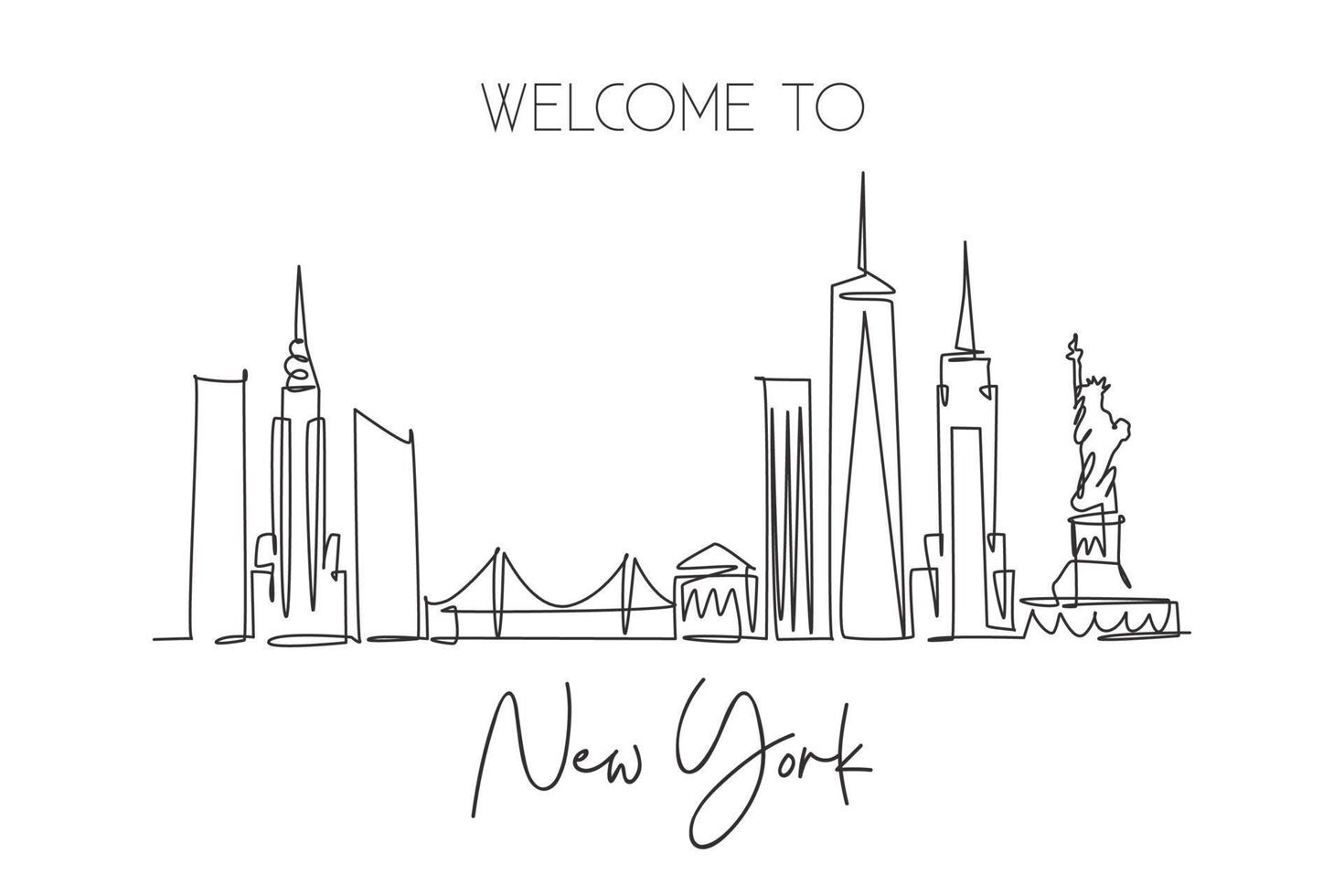 One continuous line drawing of New York city skyline, United States of America. Beautiful city landmark. World landscape vacation. Editable stylish stroke single line draw design vector illustration