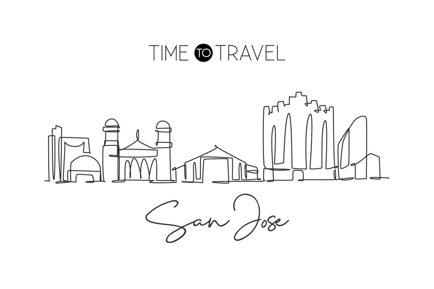 One single line drawing of San Jose city skyline, California. Historical town landscape in the world. Best holiday destination. Editable stroke trendy continuous line draw design vector illustration