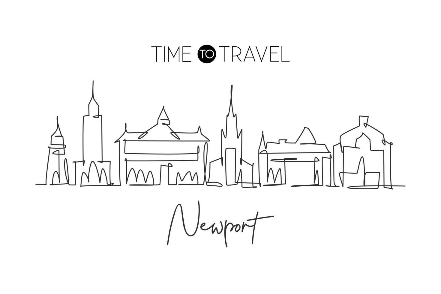 Single continuous line drawing of Newport city skyline, Wales. Famous city scraper and landscape in the world. World travel concept art. Editable stroke modern one line draw design vector illustration