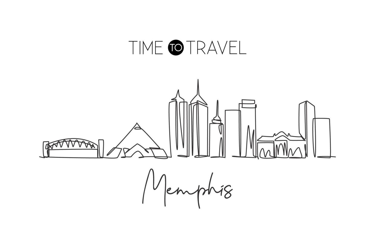 One single line drawing of Memphis city skyline, United States. Historical town landscape in the world. Best holiday destination. Editable stroke trendy continuous line draw design vector illustration