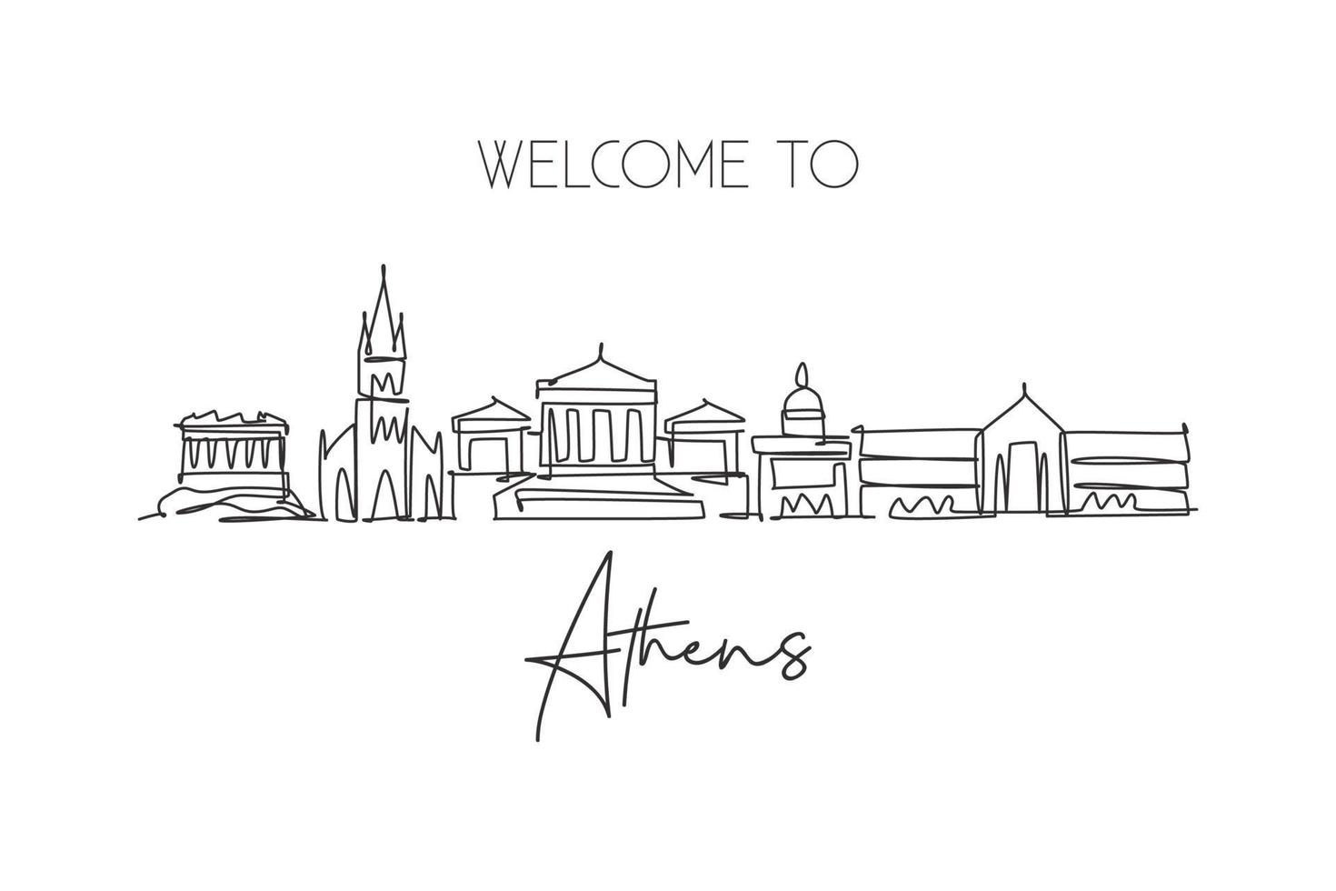 dibujo de una sola línea continua del horizonte de la ciudad de atenas, grecia. famoso paisaje rascador de la ciudad. concepto de viaje mundial hogar pared decoración cartel impresión arte. Ilustración de vector de diseño de dibujo de una línea moderna