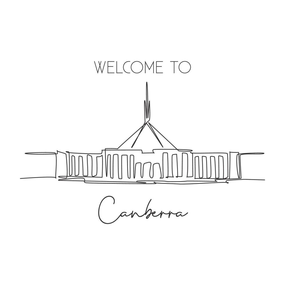 una línea continua que dibuja el punto de referencia de canberra de la casa del parlamento. lugar de reunión del gobierno en australia. concepto de impresión de póster de arte de decoración de paredes para el hogar. ilustración de vector de diseño de dibujo de línea única moderna