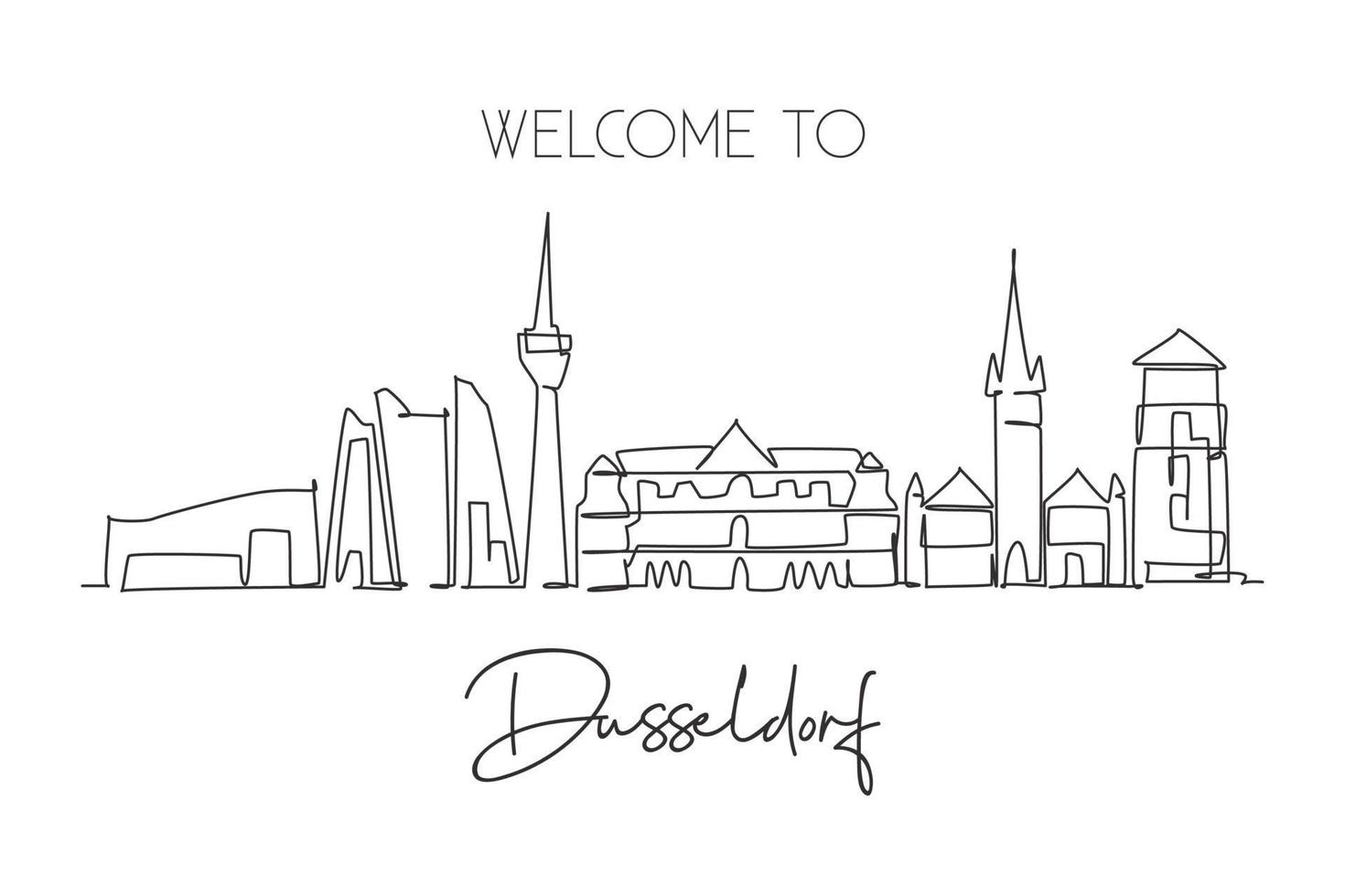 One single line drawing of Dusseldorf city skyline, Germany. Historical skyscraper landscape in world. Best holiday wall decor art destination. Trendy continuous line draw design vector illustration