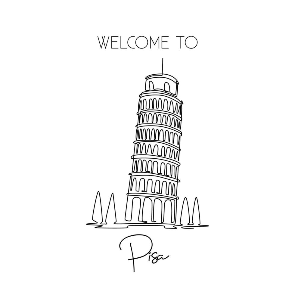 dibujo de una sola línea de la torre magra de pisa. hermoso lugar icónico histórico en piazza del duomo. Impresión de póster de arte de pared para decoración del hogar y postales. ilustración de vector de diseño de dibujo de línea continua moderna