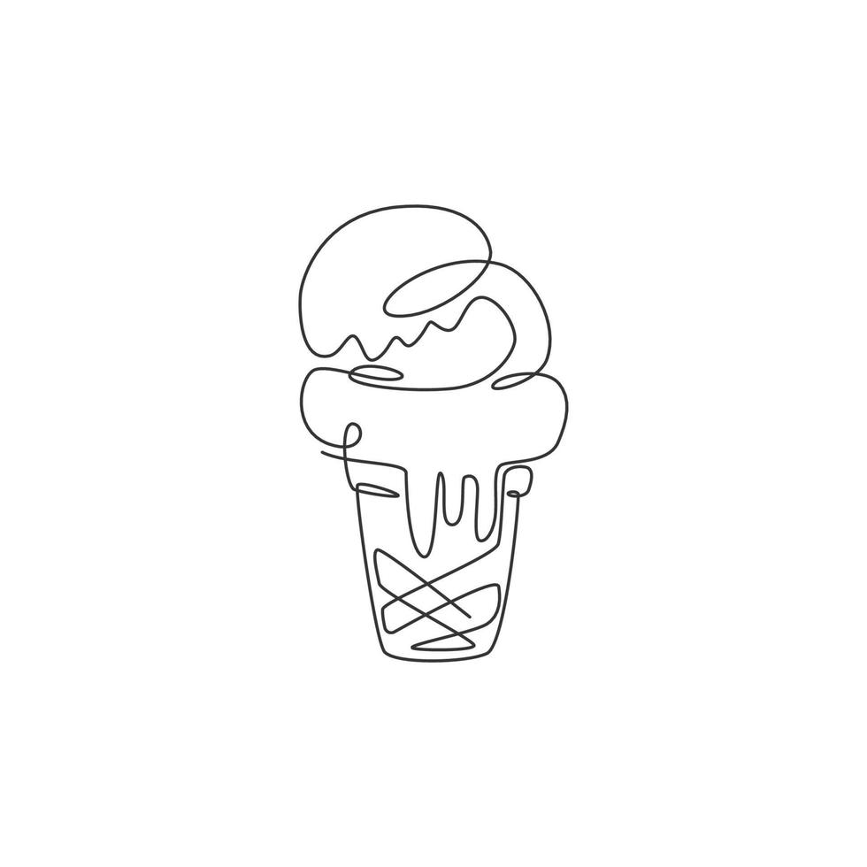 Single continuous line drawing of stylized ice cream cone store logo label. Emblem dessert restaurant concept. Modern one line draw design vector illustration for cafe, shop or food delivery service