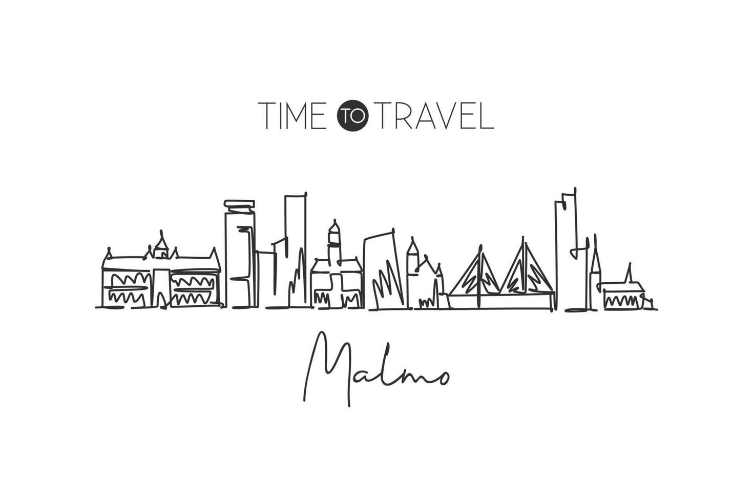 Single continuous line drawing of Malmo skyline, Sweden. Famous city scraper landscape. World travel destination home decor wall poster print concept. Modern one line draw design vector illustration