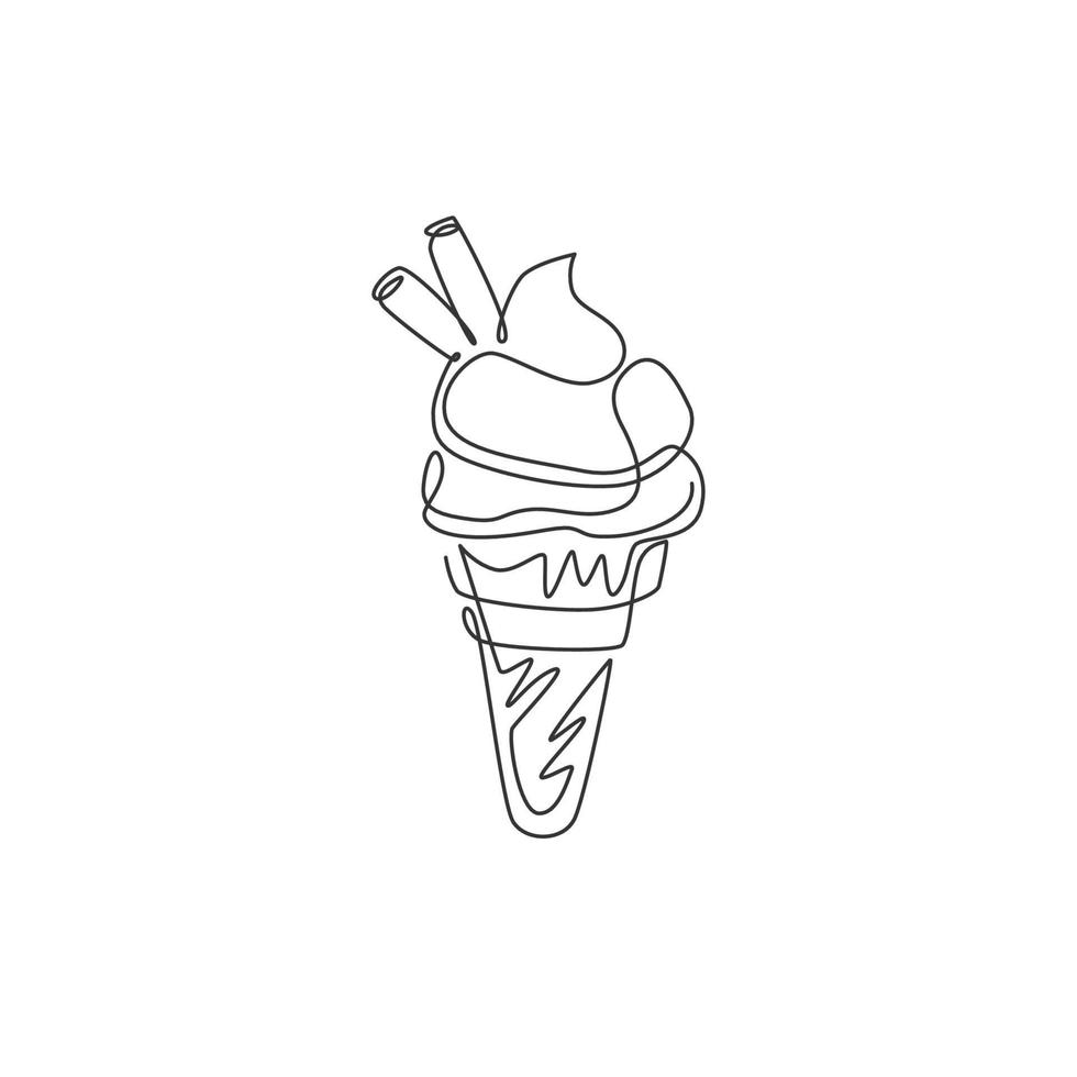 One continuous line drawing of fresh delicious ice cream cone restaurant logo emblem. Dessert sweet icecream cafe shop logotype template concept. Modern single line draw design vector illustration