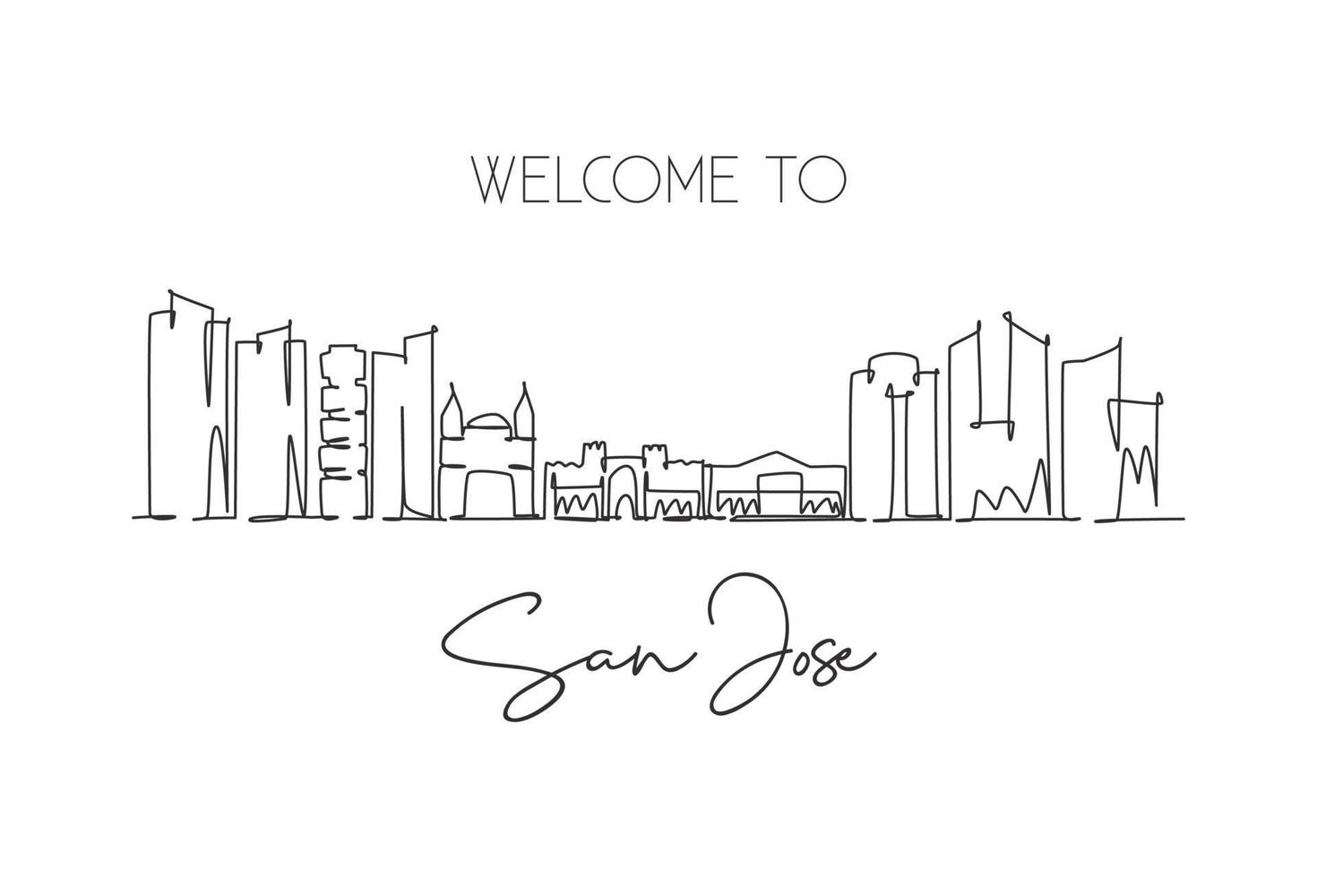 One continuous line drawing San Jose city skyline, Costa Rica. Beautiful landmark home decor poster print. World landscape tourism travel vacation. Stylish single line draw design vector illustration