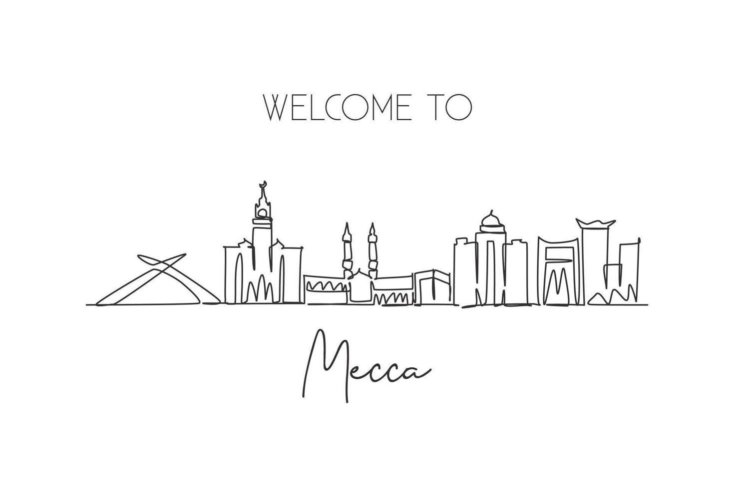 una línea continua dibujando el horizonte de la ciudad de la meca, arabia saudita. hermoso arte de impresión de postal histórica. vacaciones de viaje de turismo de paisaje mundial. Ilustración de vector de diseño de dibujo de una sola línea de trazo elegante
