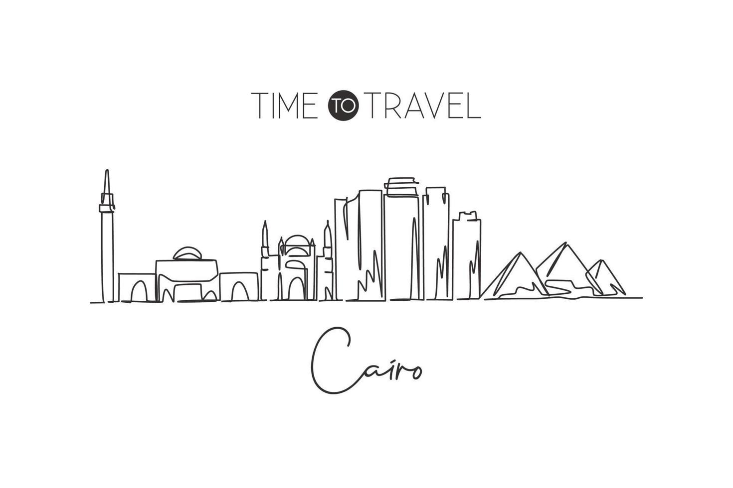 One single line drawing of Cairo city skyline, Egypt. Historical town landscape postcard print. Best holiday destination. Editable stroke trendy continuous line draw design vector graphic illustration