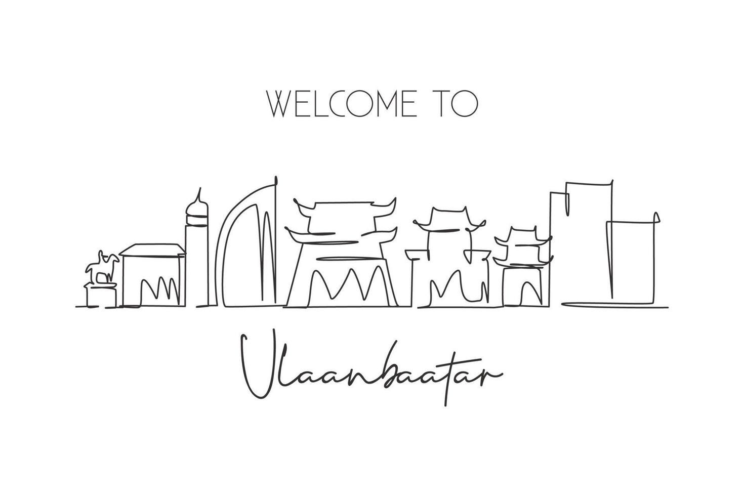One single line drawing of Ulaanbaatar city skyline, Mongolia. Historical town landscape in the world. Best holiday destination. Editable stroke trendy continuous line draw design vector illustration