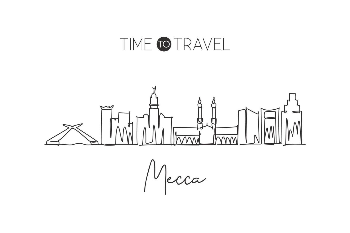 Single continuous line drawing of Mecca holy city skyline, Saudi Arabia. Famous city scraper landscape. World travel home decor wall art poster print. Modern one line draw design vector illustration