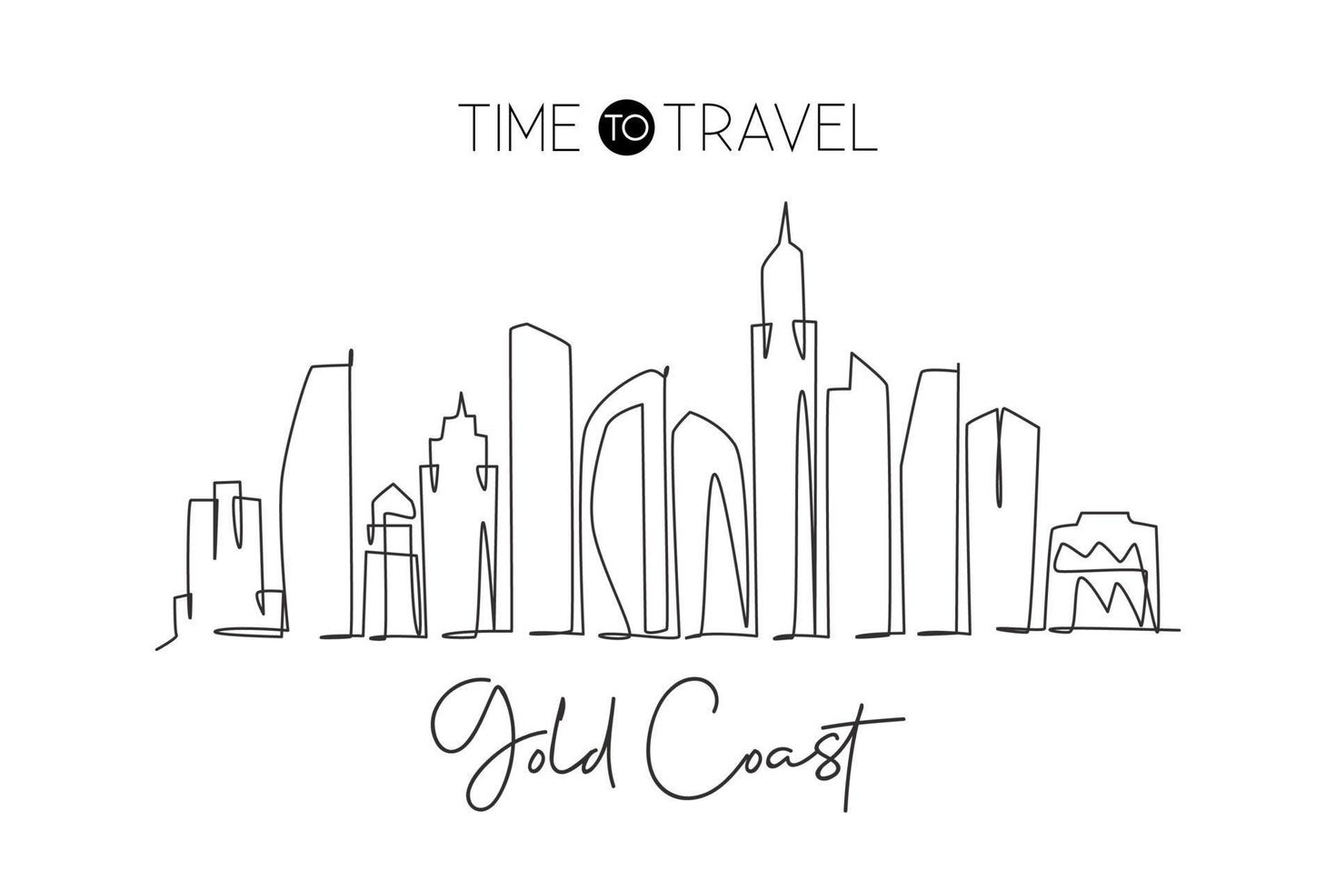 One single line drawing Gold Coast city skyline, Australia. Historical town landscape in world. Best holiday destination poster. Editable stroke trendy continuous line draw design vector illustration