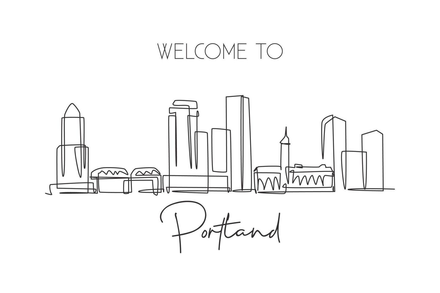 Single continuous line drawing of Portland city skyline, USA. Famous city scraper and landscape. World travel concept home wall decor art poster print. Modern one line draw design vector illustration