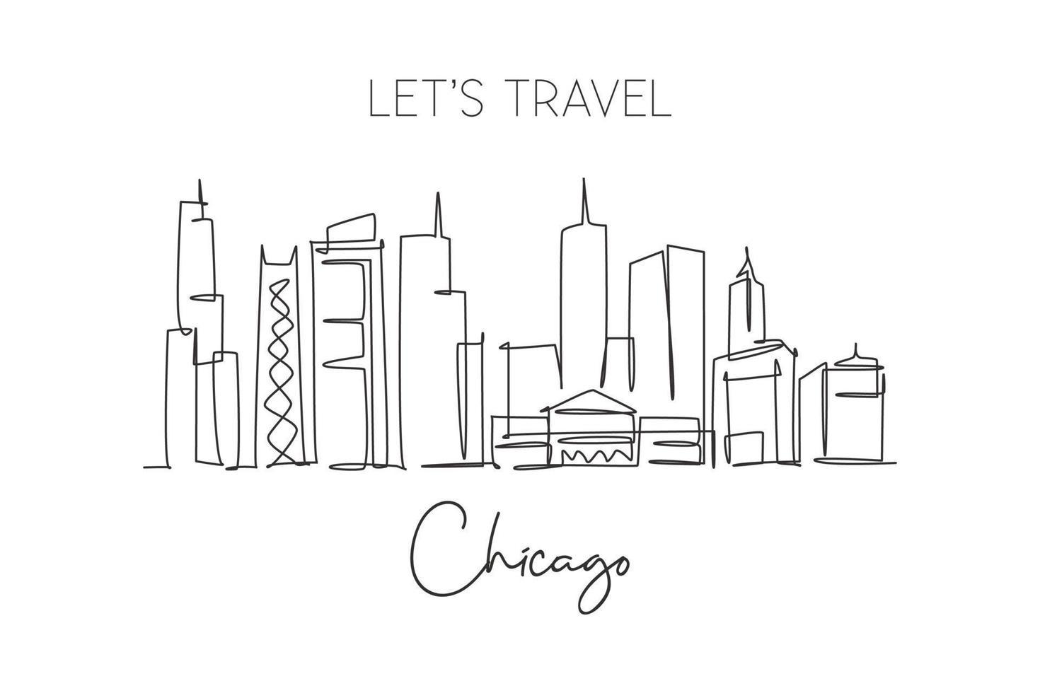 One single line drawing of Chicago city skyline, United States. Historical town landscape in the world. Best holiday destination. Editable stroke trendy continuous line draw design vector illustration