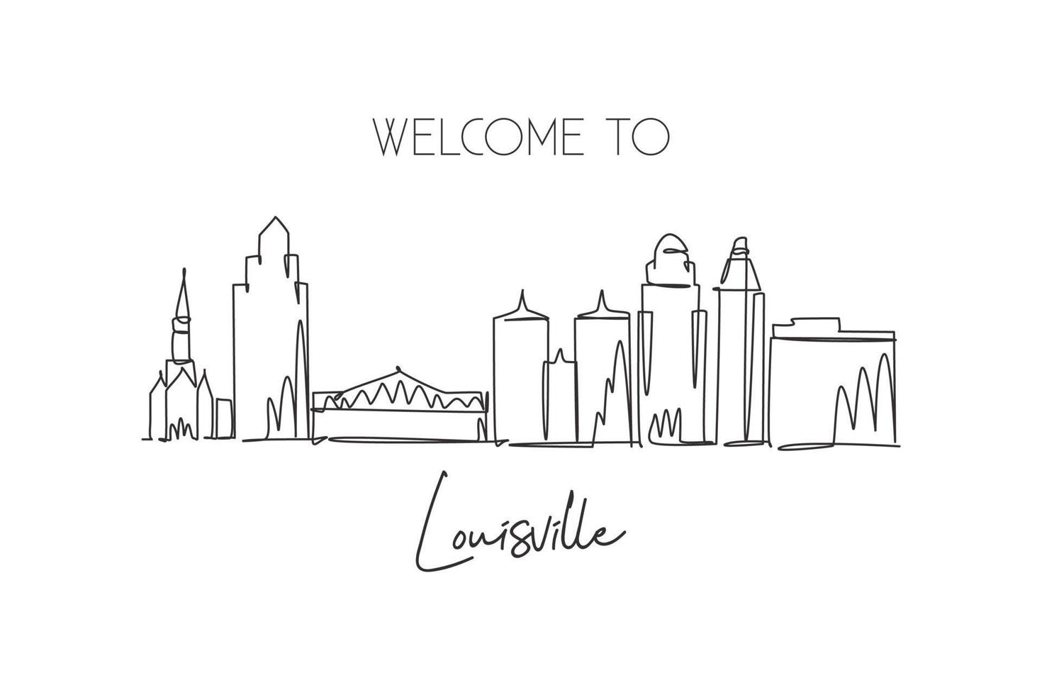 Single continuous line drawing Louisville city skyline, Kentucky. Famous city scraper and landscape. World travel concept home wall decor poster print. Modern one line draw design vector illustration