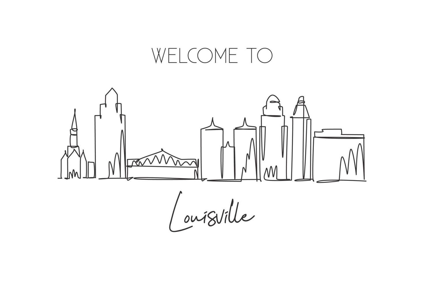 dibujo de una sola línea continua del horizonte de la ciudad de louisville, kentucky. famoso raspador y paisaje de la ciudad. Impresión de póster de decoración de pared para el hogar con concepto de viaje mundial. Ilustración de vector de diseño de dibujo de una línea moderna