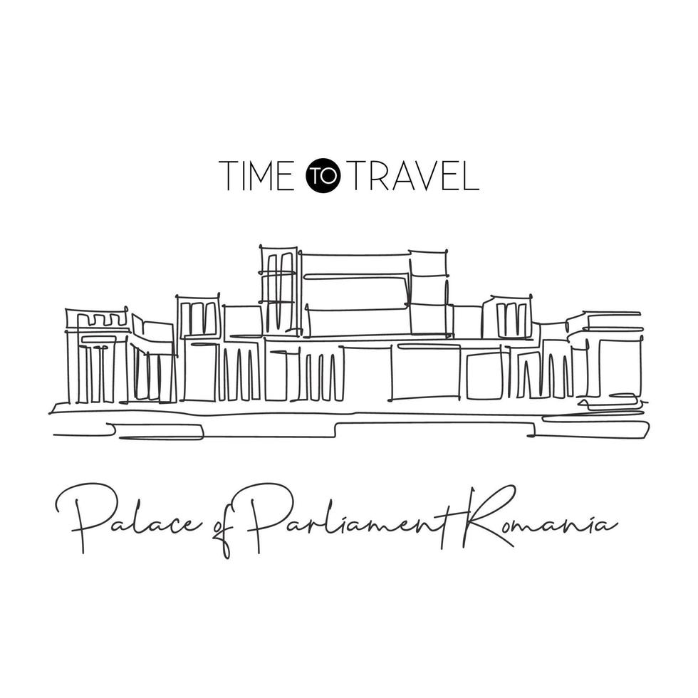 Single continuous line drawing Palace of the Parliament landmark. Palatul Parlamentului place in Bucharest, Romania. Home decor wall art print concept. Simple one line draw design vector illustration