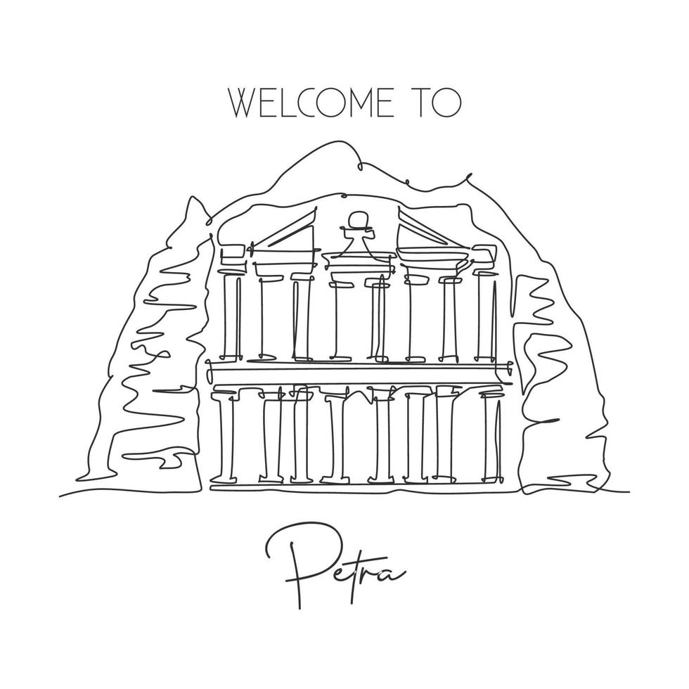 One single line drawing Al Khazneh Petra old temple landmark. Famous place in Jordan. Tourism travel postcard home wall decor poster art concept. Modern continuous line draw design vector illustration