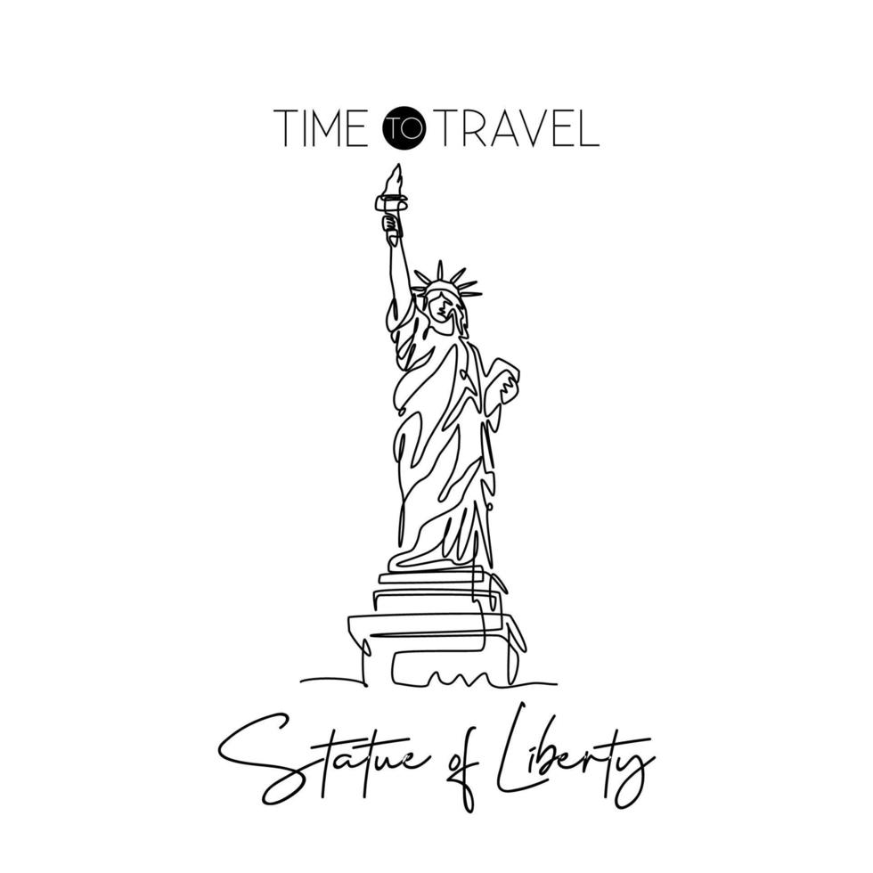 Single one line drawing Liberty Statue. Iconic symbol place in New York City USA. Tourism travel postcard and home wall art decor poster concept. Modern continuous line draw design vector illustration