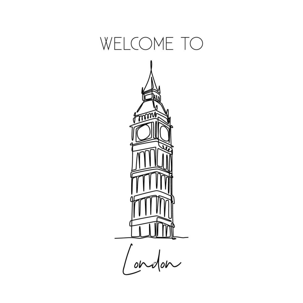 Single continuous line drawing of Big Ben clock tower landmark. Historical iconic beauty place in London. Home decor wall art poster print concept. Modern one line draw design vector illustration