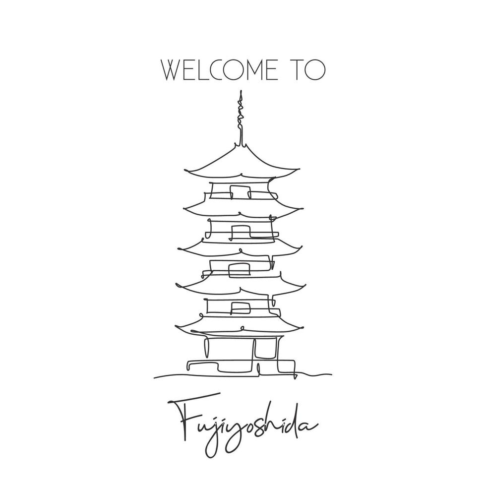 una sola línea dibujando el punto de referencia de la pagoda de fuji san. lugar de fama mundial en fujiyoshida, japón. concepto de arte de decoración de pared de hogar de postal de viaje de turismo. ilustración de vector de diseño de dibujo de línea continua moderna